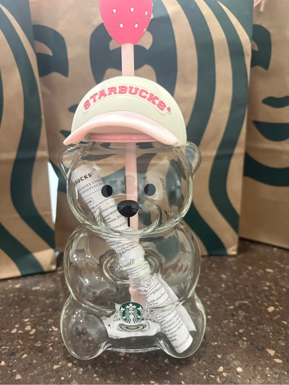 Starbucks Glass Bearista Bear Cup Strawberry Straw & Hat 20oz - Picture 1 of 9